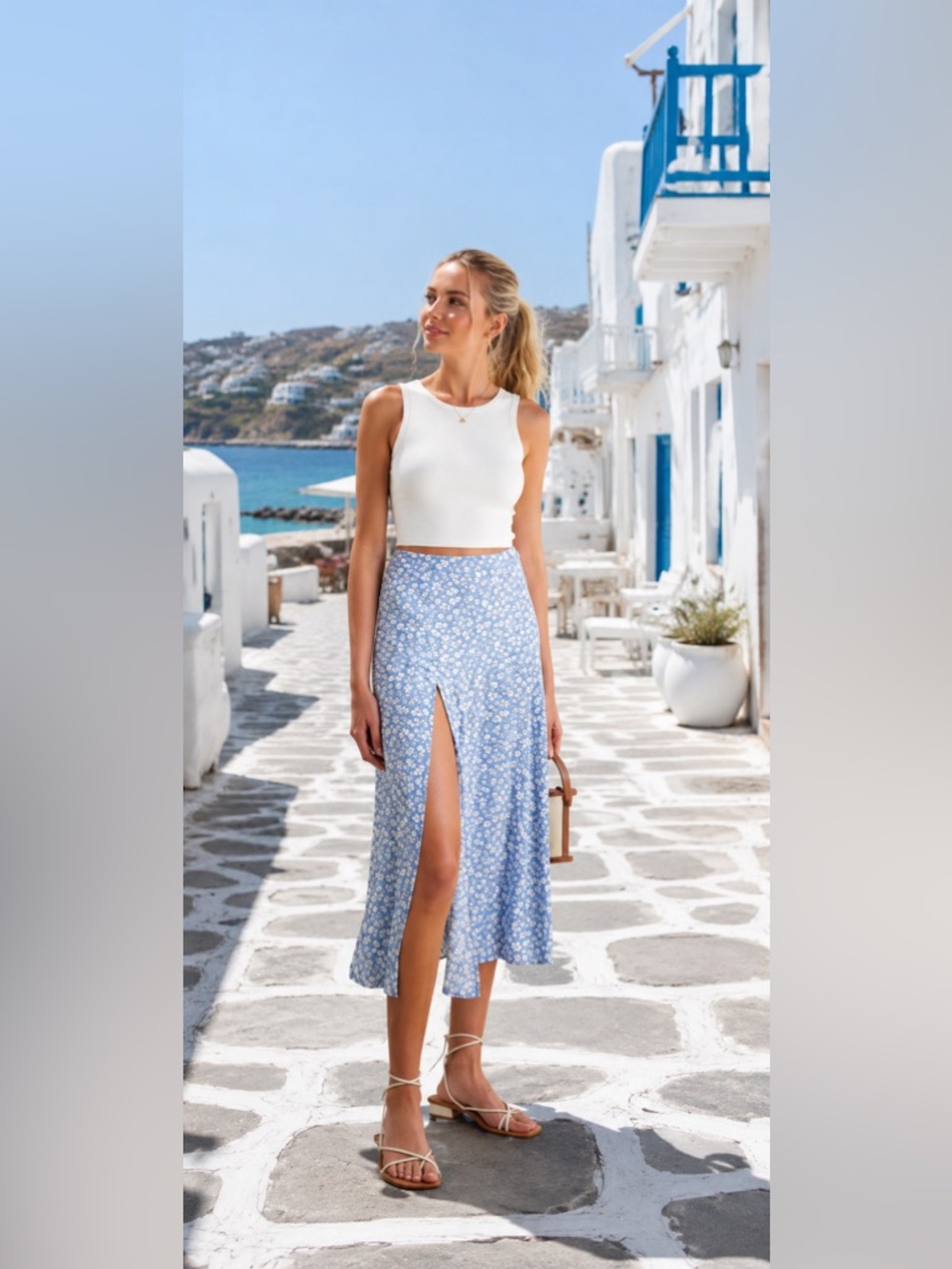 Reformation Blue w white flowers front slit Midi Skirt NWOT